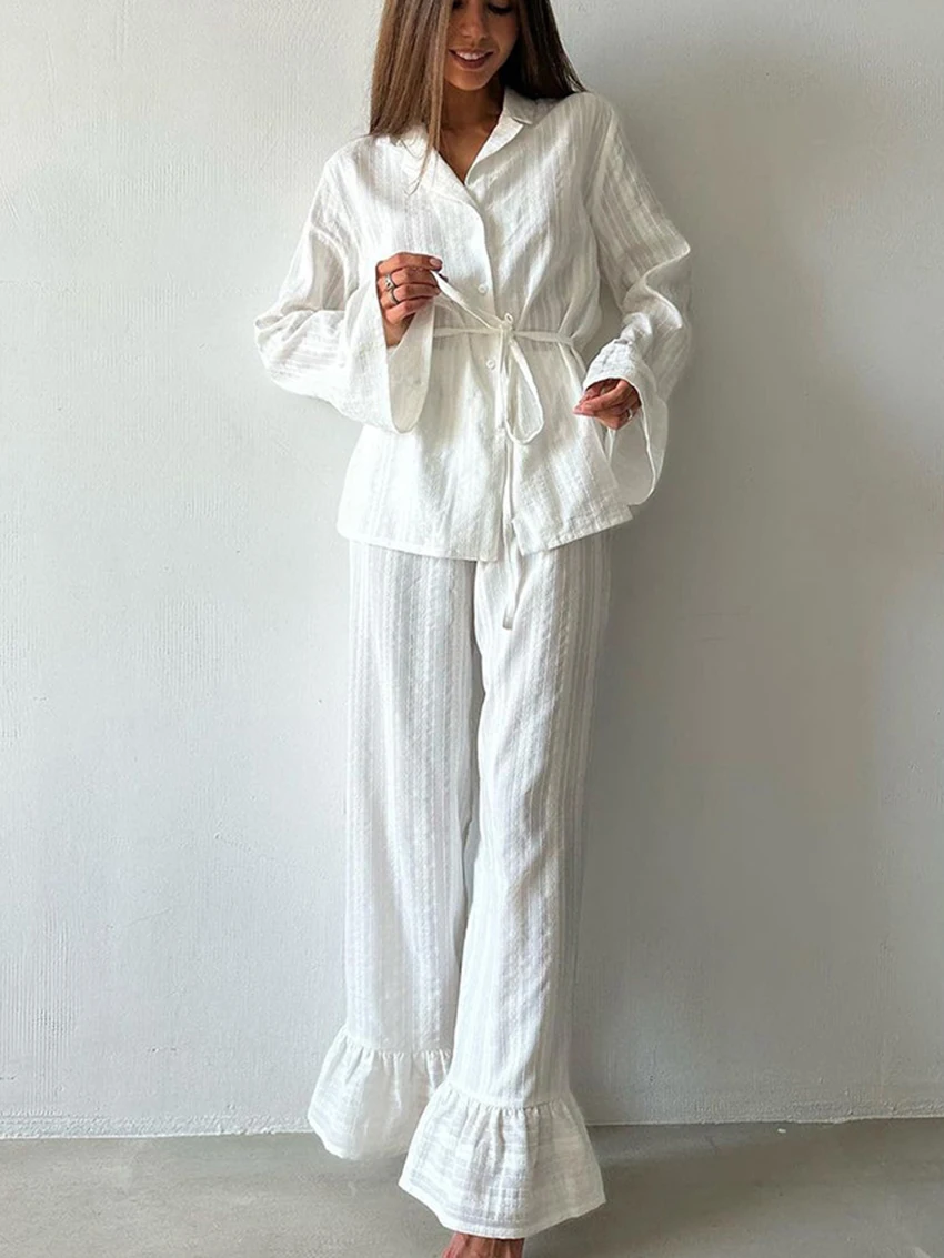 Marthaqiqi Casual Women'S Sleepwear Set Long Sleeve Nightwear Turn-Down Collar Pajama Pants Loose Ladies Nightgowns 2 Piece Suit