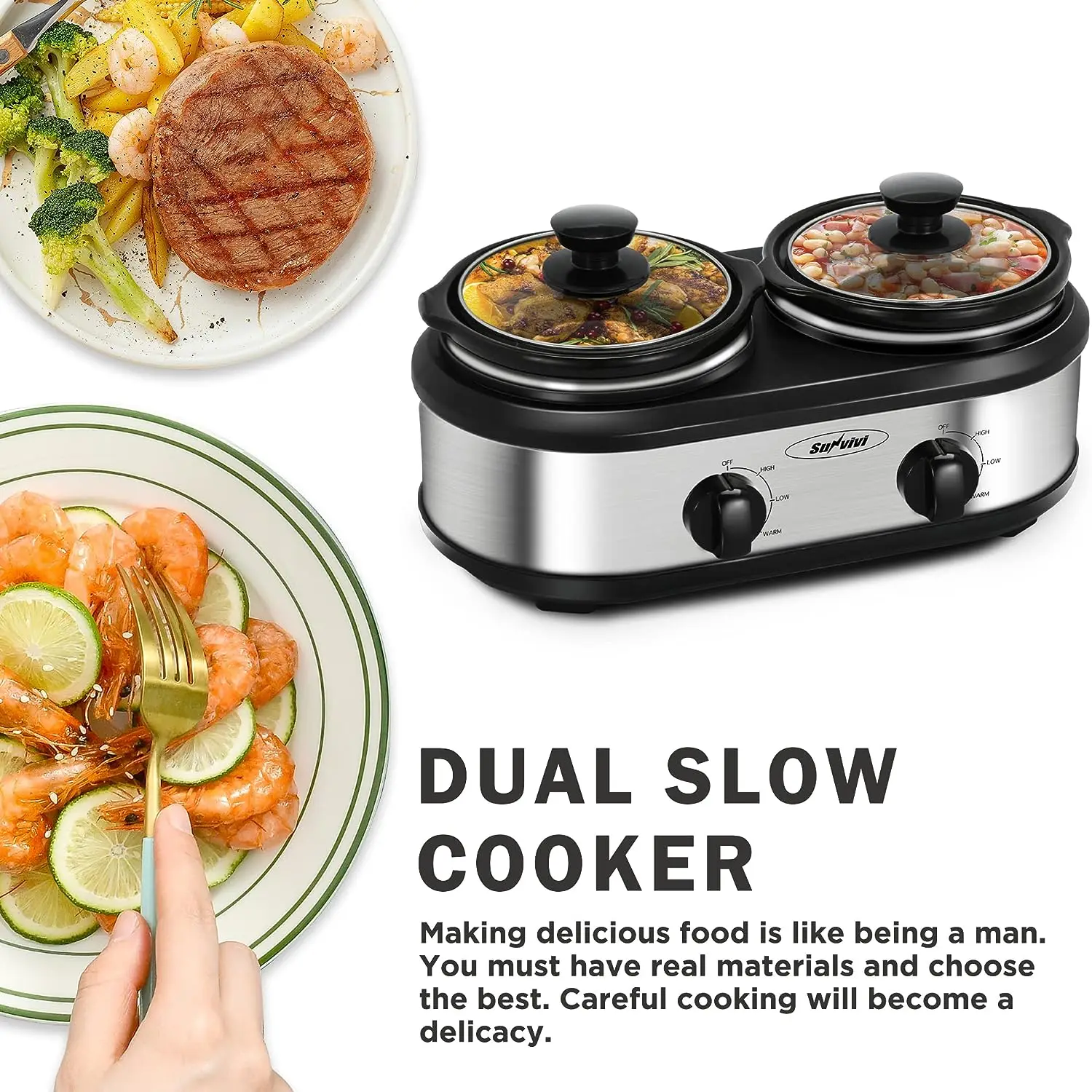  Double Slow Cooker, Buffet Servers and Warmers, Dual 2 Pot Slow  Cooker Food Warmer, Adjustable Temp Dishwasher Safe Removable Ceramic Pot  Glass Lid, 2 x 1.25 QT Portable Small Crock Cooker
