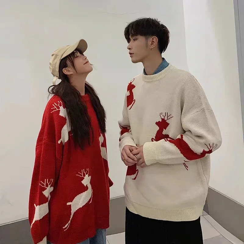 

high-quality Couple Sweater christmas Elk Pullover Korean Fashion Round Neck Jumper Autumn Winter Long Sleeve Warm Knitted Tops