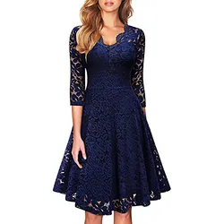 Women's Cocktail Dress Vintage Lace Embroidery Long Sleeve V-neck Midi Dress Elegant Party Evening Dresses For Women Vestidos