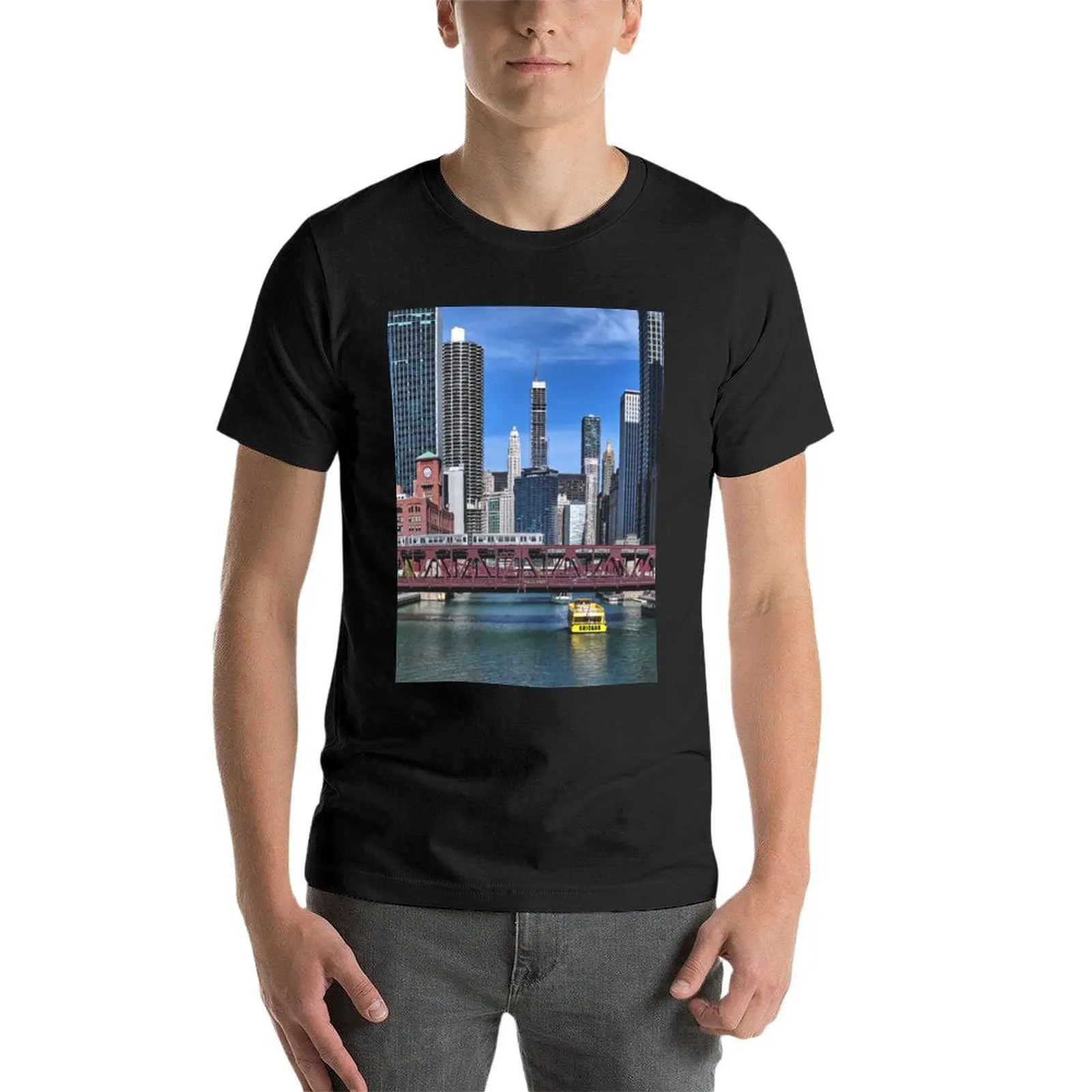 Chicago, Illinois, US - Chicago Skyline & Chicago River T-Shirt funny t shirts Short t-shirt T-shirts for men cotton