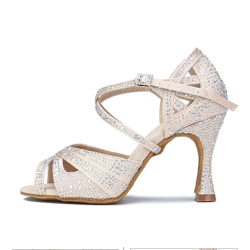 Syflyno Rhinestone Latin Dance Shoes Woman Salsa Shoes For Dancing High Heels Soft Sole Indoor Sandals Wedding Dance Shoes