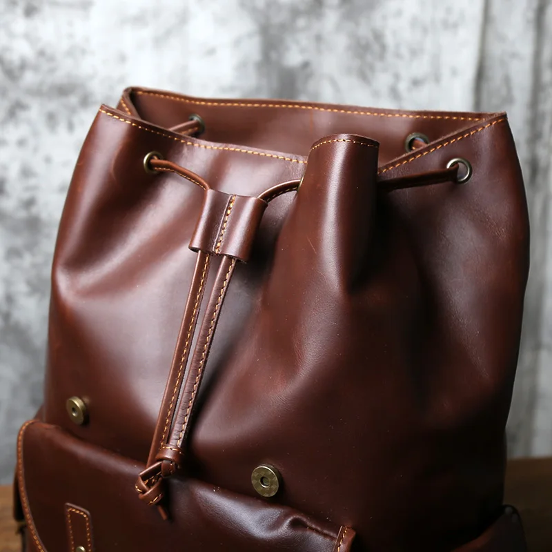 NZPJ Vintage Genuine Leather Men's Backpack Crazy Horse Leather Backpack Natural Cowhide Parachute Bag  Large Capacity Laptop