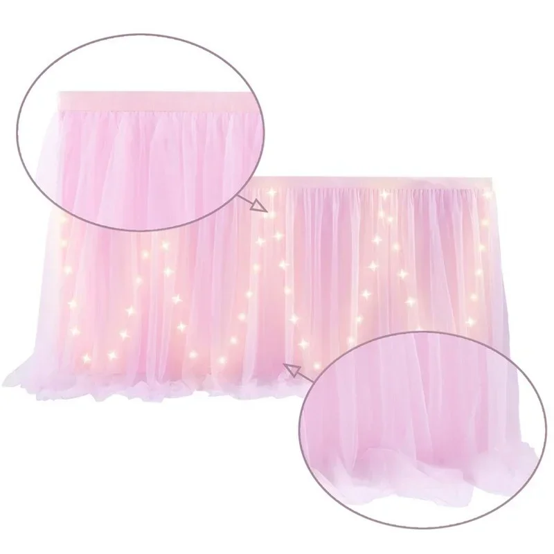 Tulle Table Skirt with LED Lights 6FT Table Cloth for Baby Shower Wedding Birthday Party Bar Home Halloween Decorations