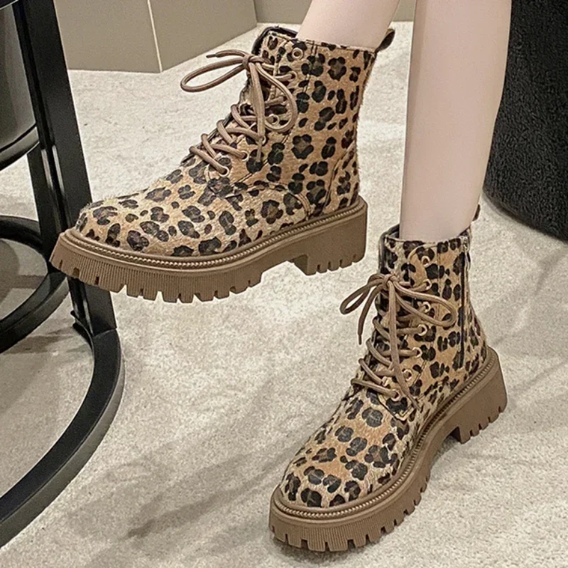 2024 New Lace Up Zipper Women Boots Round Toe Mixed Colors Leopard