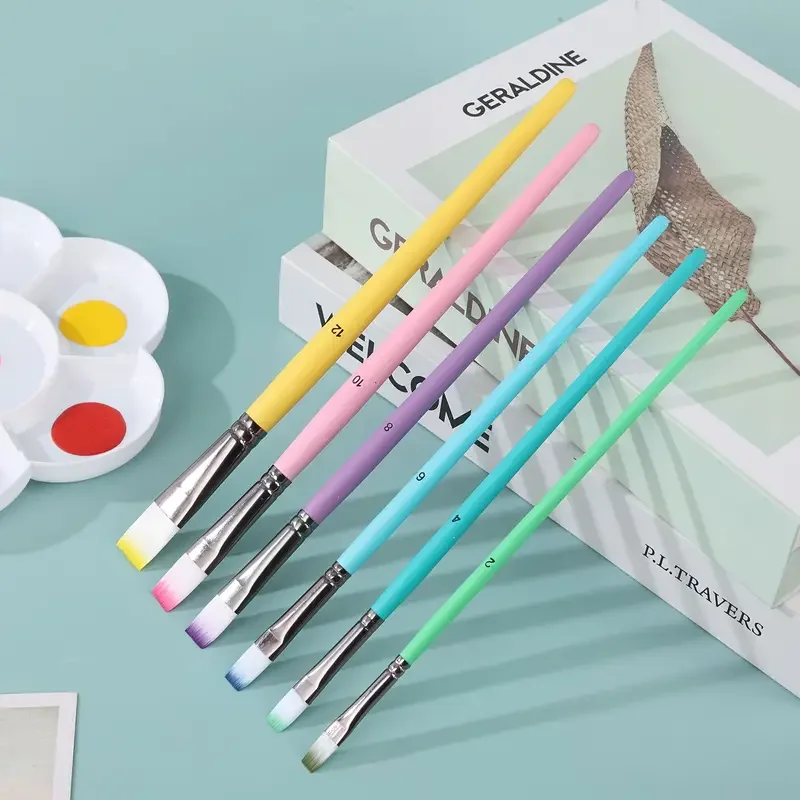 6pcs Professional Artist Paint Brushes Set - Fine Point, Wooden Handles, Nylon Round Pointed Flat Tips Multicolored Paint Brush 5