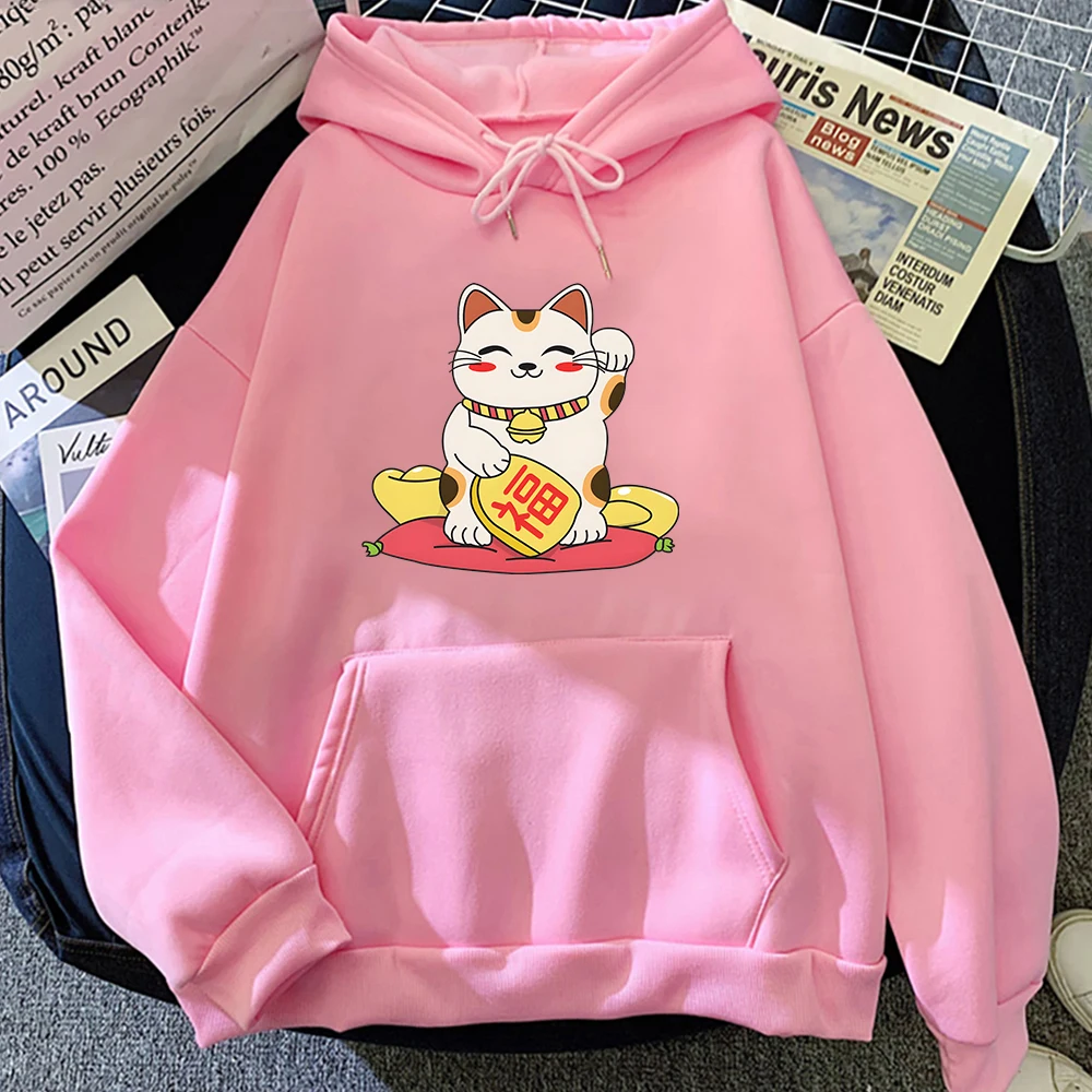 

Japan Maneki Neko Kawaii Cats Hoodie Autumn/Winter Warm Casual Homme Sweatshirts Cute Cat Streetwear Cartoon Graphic Print Women