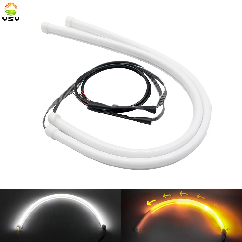 

2pcs Flexible sequential Flowing Tube Strip Car DRL Turn Signal Angel Eye White Amber LED Daytime Running Lamp Headlight 30cm