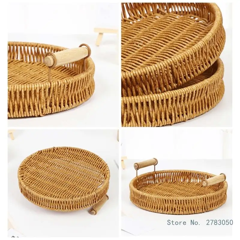 Handmade Wicker Storage Baskets Imitation Rattan Woven Baskets Compact Bread Fruit Home Organization Tray 6