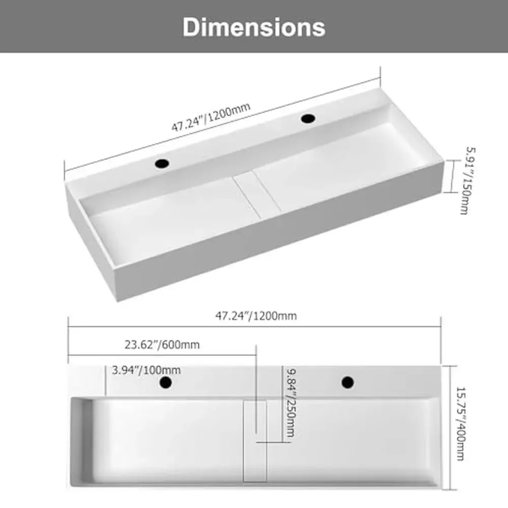 Modern Wall Mount Bathroom Sink Matte White Stone Resin Floating Vanity Sink 47" Double Bowl Trough Sink 3
