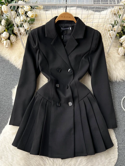 FMFSSOM New Casual Spring Autumn Solid Slim Button Lady Dress A Line Notched Collar Chiffon Double Breasted Women Dresses