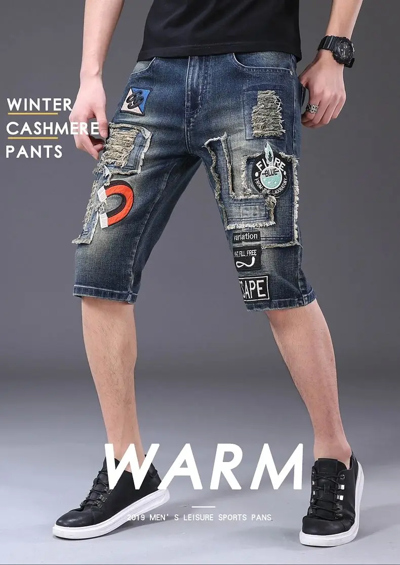 Summer Street Style Embroidered Denim Shorts For Men Patch Holes Knee length Jeans Patchwork Shorts