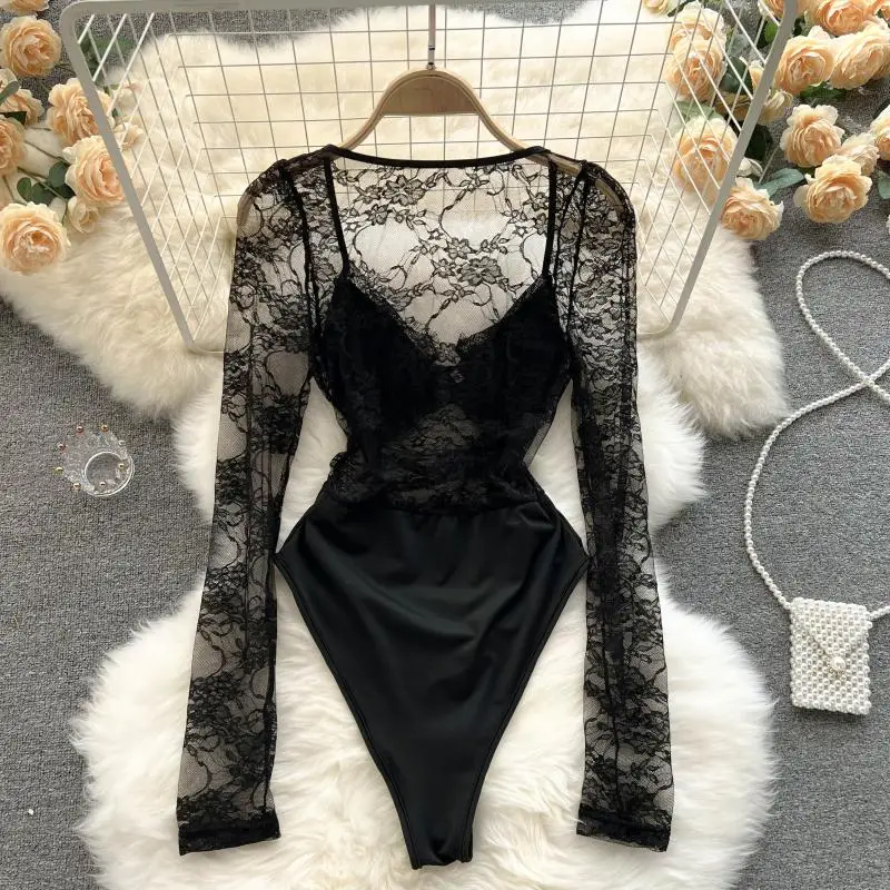 CHILLGIO Sexy Spitze Bodys Frauen Langen Ärmeln Bodycon Mode Streetwear Beiläufige Dünne Strampler Chic Floral Kombination Catsuits – Detail 1
