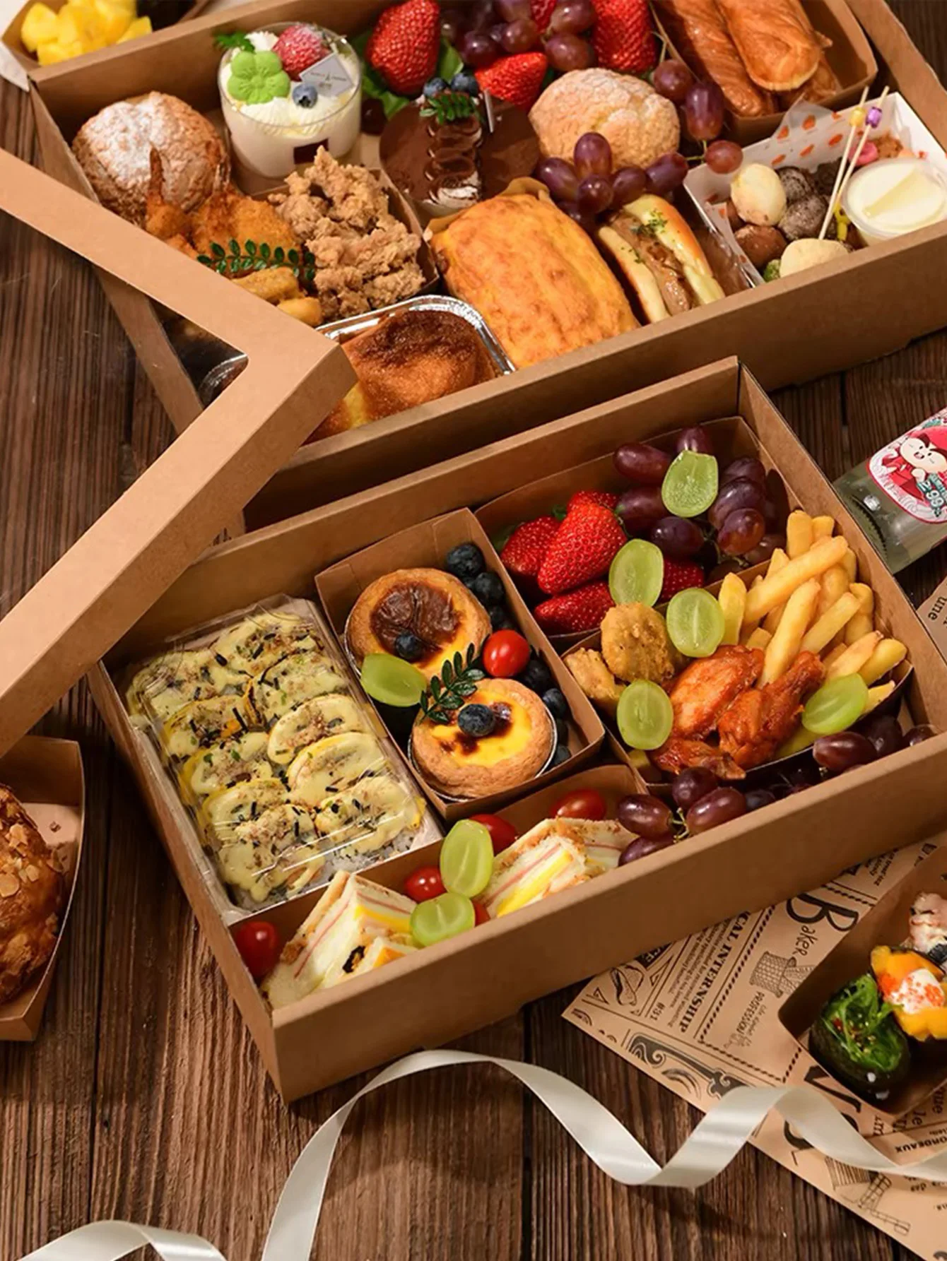 1pcs picnic box with lid outdoor camping style kraft paper packaging box, baked light food fruit dessert lunch box