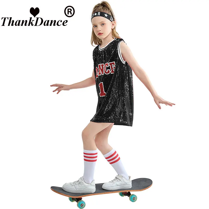 Girls Hip Hop Dance Costume Sequins Glitter Tank Top with Socks For Stage Performance 5-12 Years