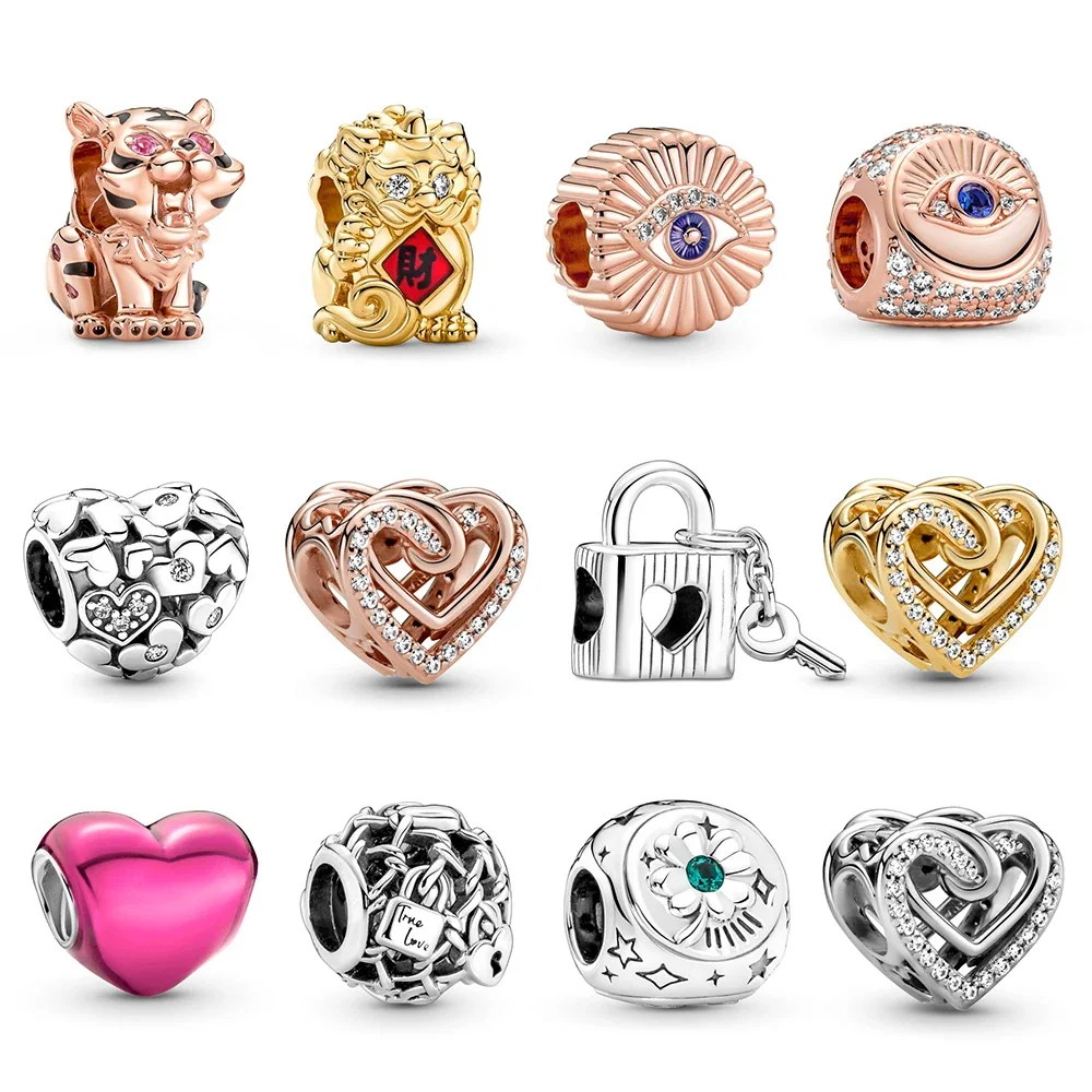

2024 NEW 925 Sterling Silver Pan Padlock & Heart Key Chinese Tiger Charm Sparkling Openwork Heart Charm Valentine Fit Bracel