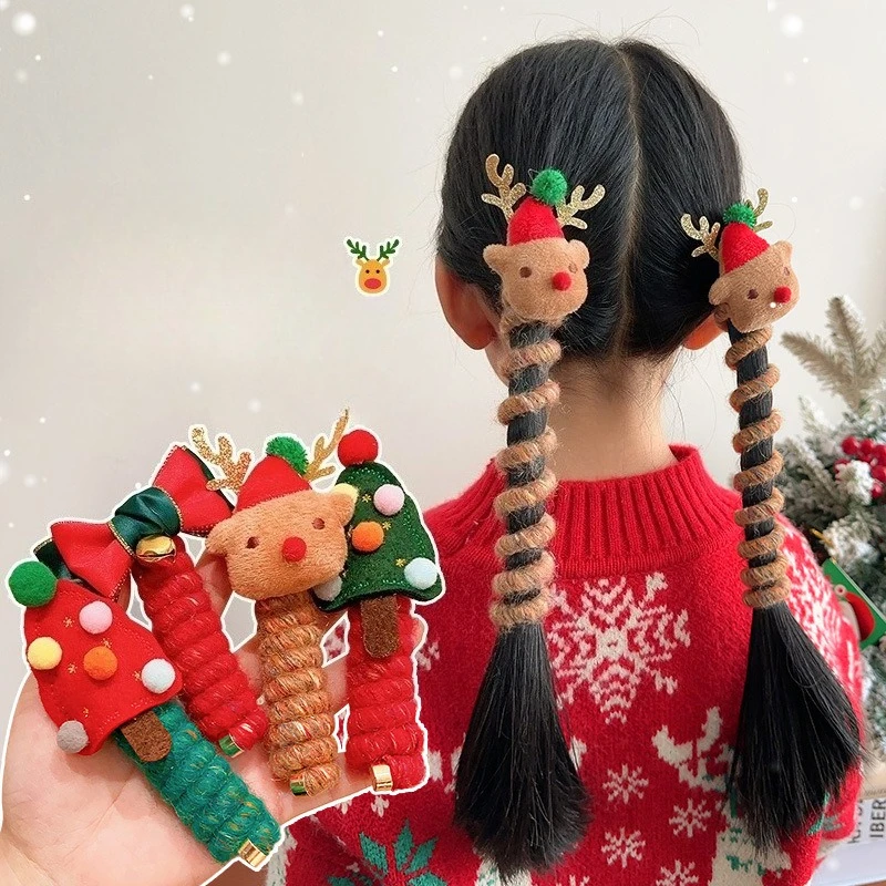 Christmas Headdress Children's Curly Telephone Wire Hair Ring Girls Double Ponytail Hair Rope Hair Accessories Girl Hair Rope