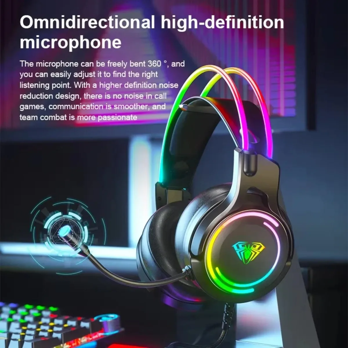 AULA S506 Gaming Headphones with HD Flexible Mic Wired Headset Computer Laptop RGB Heavy Bass Noise Cancellation