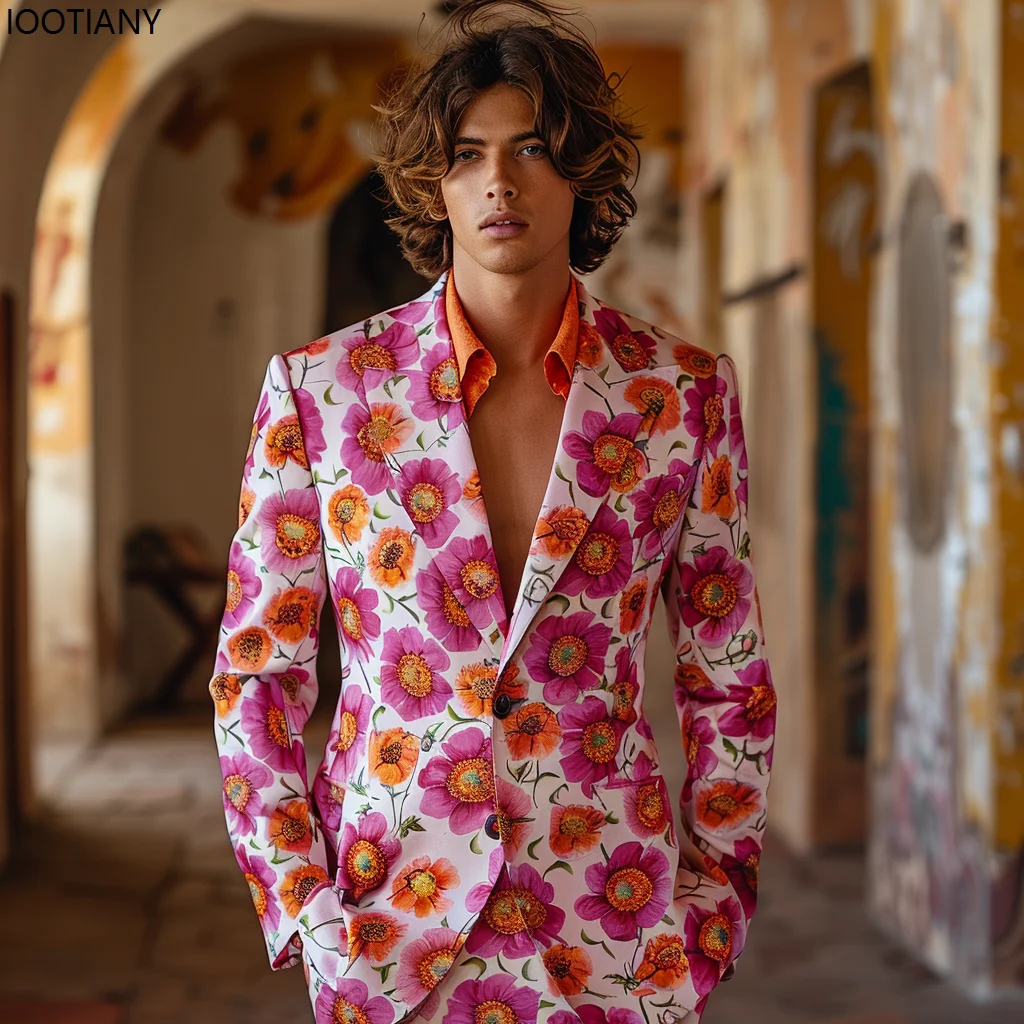 Men Colorful Flower Print Tailored Suit Casual Vintage Sunflower Daisy Floral Blazer Pant Party Dress Shiny Cool Showing Suits