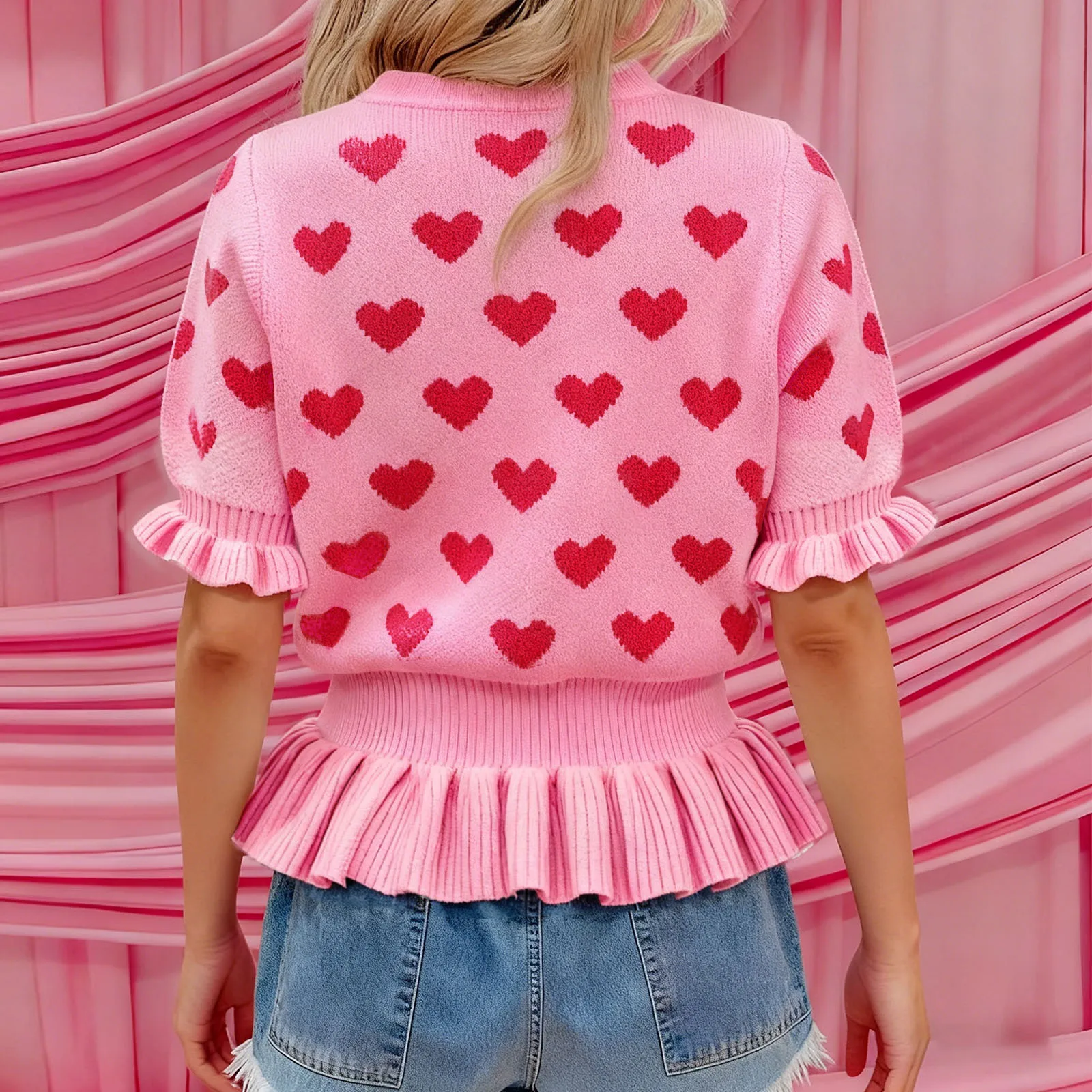 여성용 발렌타인 니트 가디건 스타일리시한 하트 패턴 러플 헴 버튼 다운 브이넥 반소매 스웨터 재킷