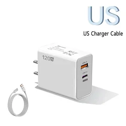 120W Type C USB Fast Charging Phone Power Adapter with Data Cable - US Charger Cable