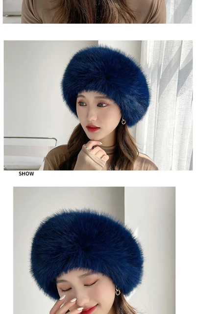 Gorro ruso mullido para mujer, gorra para mujer, imitación de esquí al aire  libre, nieve (color azul, tamaño: 21.3 in)