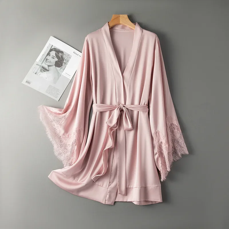 

Sexy Robe With Lace Satin Women Nightgown Kimono Bathrobe Gown Pink Nightdress Bride Bridesmaid Wedding Gown Home Clothes