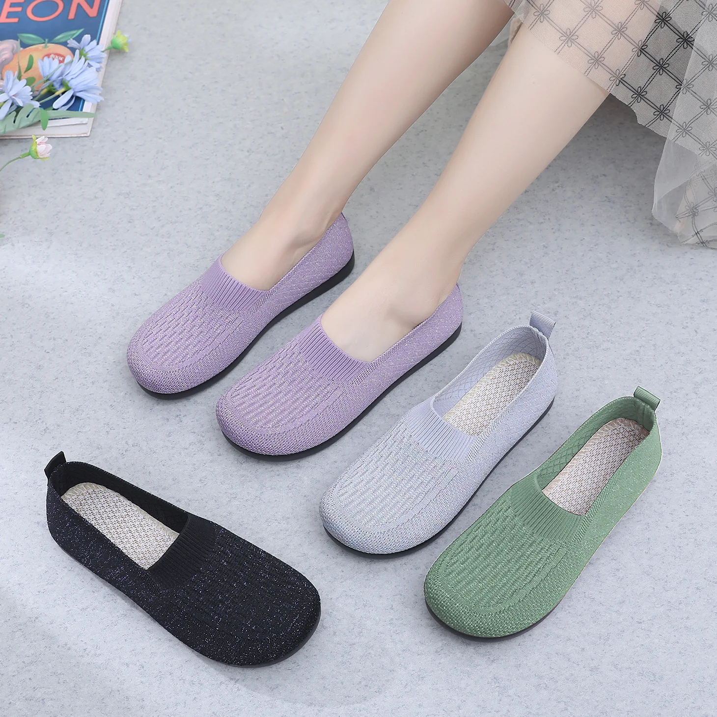 

Womens Mules Flats Green Knitted Loafers Woman Cozy Work Shoes Ballet Flats Wide Toe Plain Lightweight Breathable Granny Shoes