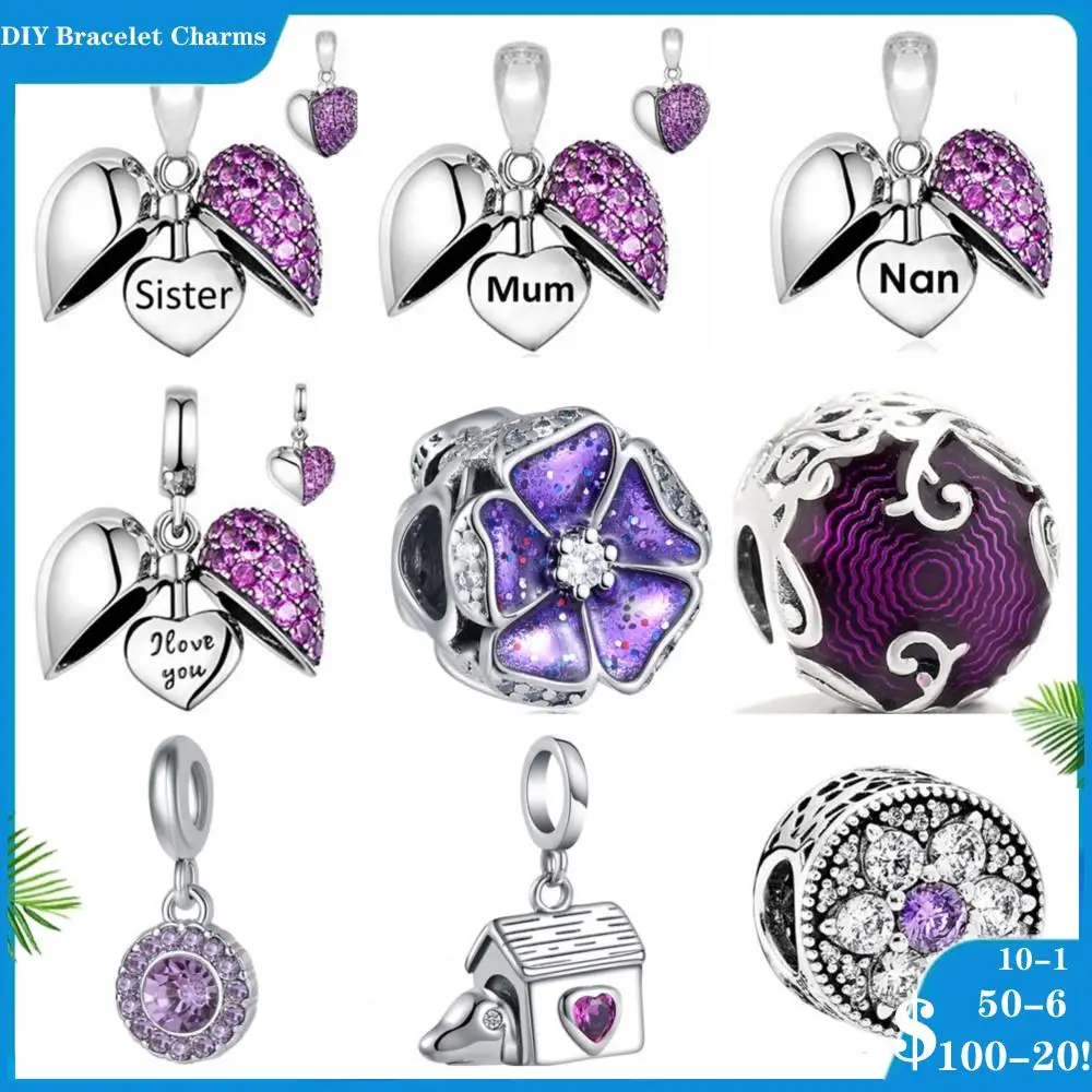 

2023 New Fine Real Silver 925 Charms Charm Purple Flower Fit Original Pandora Bracelet Making Fashion DIY Jewelry For Women