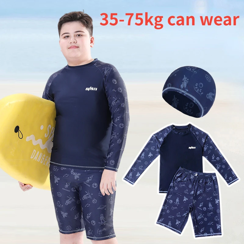 

Children's Quick-Drying Split Swimsuit, Long Sleeve, Sunscreen, Printed Swimming Suit, Plus Size, Plump Boy, Summer, 35-75kg