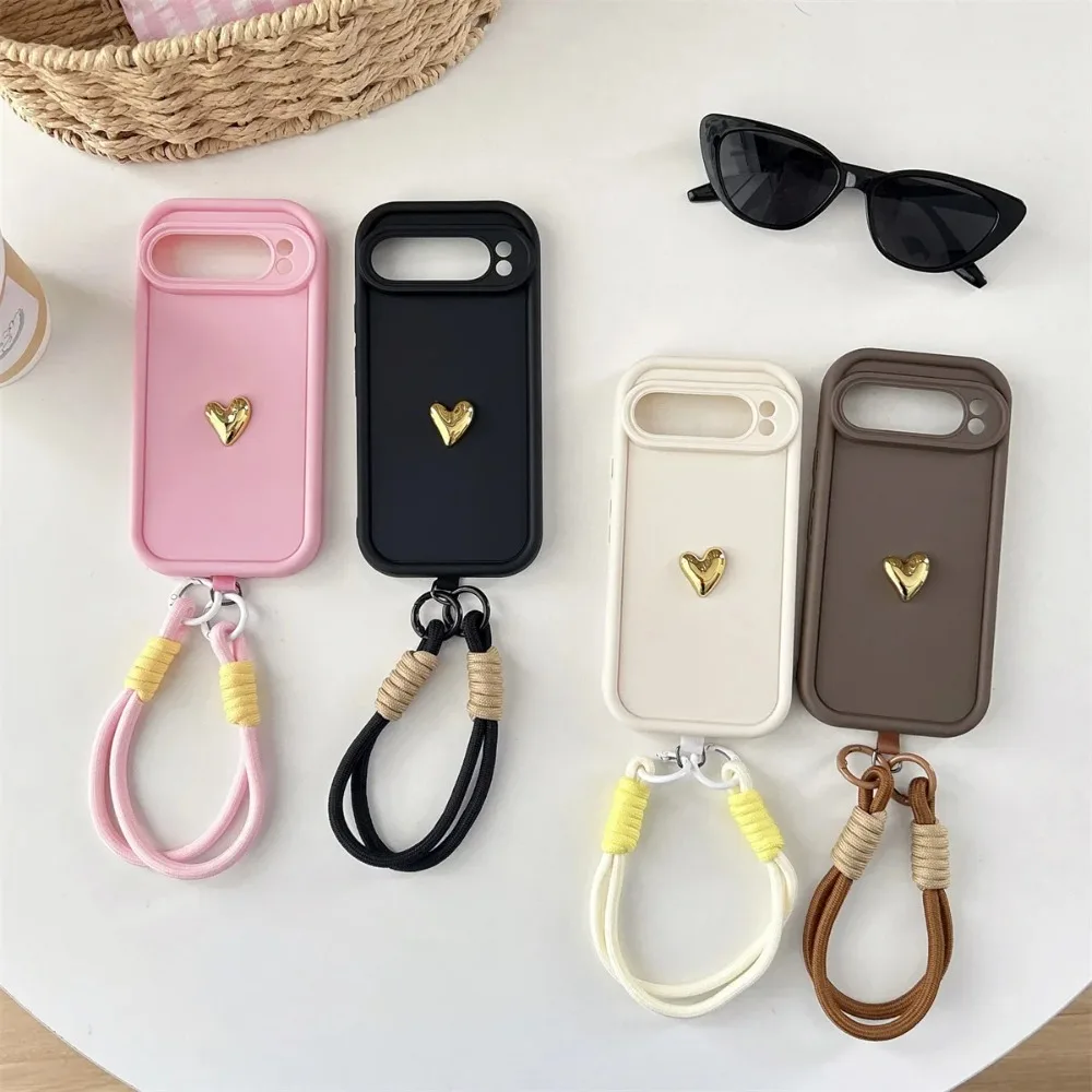 Silicone Soft Phone Case with 3D Gold Heart Love Rope Wrist Strap Lanyard - Shockproof Cover