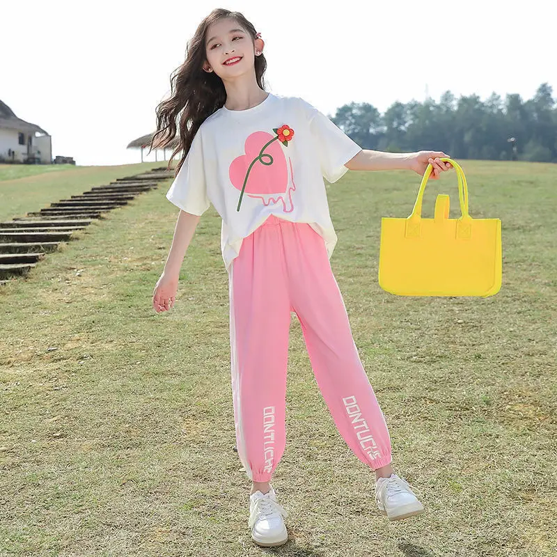 

Girls Casual Clothing Sets Summer Kids Youth Toddler Cotton Loose T-shirt +Pants 2 Pcs Children Korean Cartoon Outfit 6 8 10 12