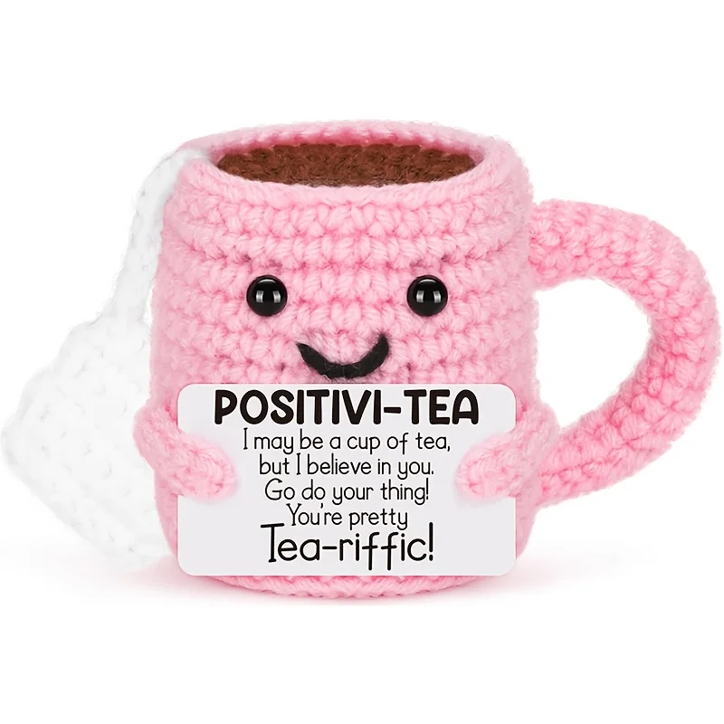 Handmade DIY Crochet Mini Teacup Kit Pink Color Cute Gift for Teachers Friends Birthday Party Decor Emotional Support