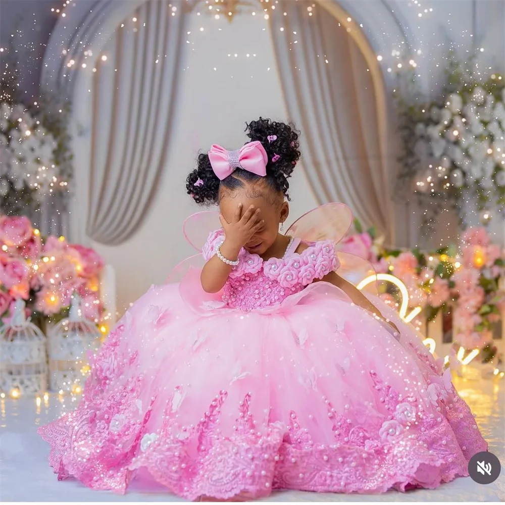 Flower Girl Dresses For Wedding First Communion Birthday Party 3d Applique Pearls Puffy Ball Gown