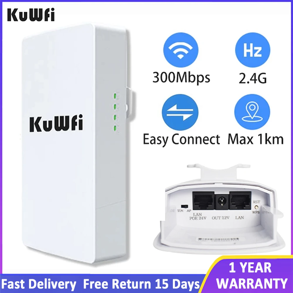 Kuwfi-roteador Wifi ao ar Livre Poderoso Repetidor sem Fio Extensor de Longo Alcance Ponte 1km Ponto a Ponto 2.4ghz 300mbps