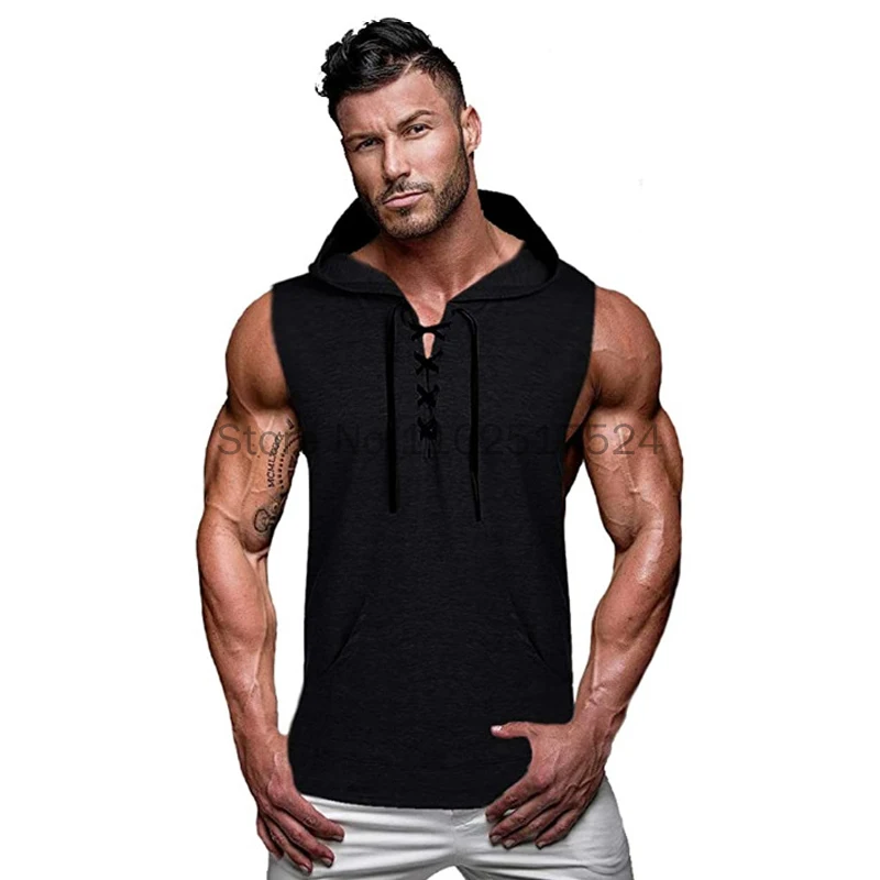 

New Medieval Man's Summer Short Sleeveless Hooded Vest Male Solid Color Lace-Up Slim Casual Sweatshirt Vest Tops