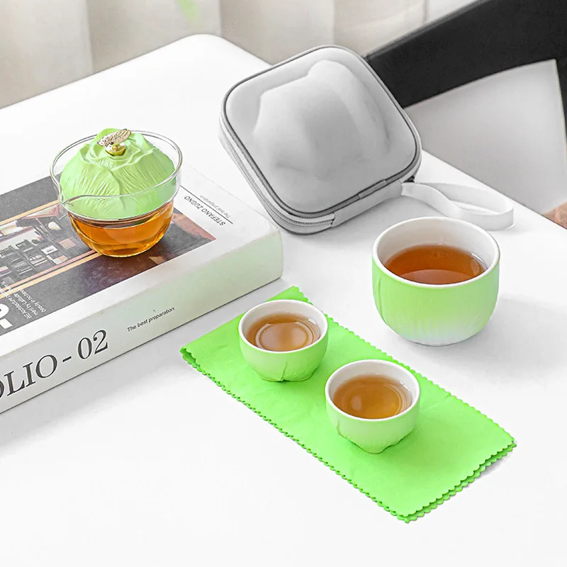 Portable Ceramic Travel Tea Set, Kungfu Tea Set in the Shape of Dishes, a Pot of 3 Cup Express Cup Tea Set, Outdoor Kungfu Tea S