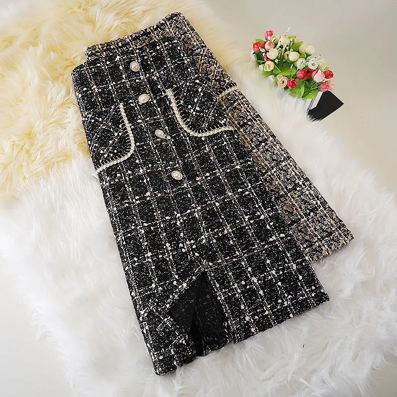 

Женская твидовая юбка до колен, шерстяная элегантная клетчатая юбка с высокой талией и разрезом, Осень-зима 2023