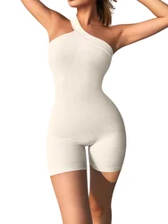 Women's Ribbed Spaghetti Strap Yoga Romper - One Piece Fitness Jumpsuit - S (Beige)