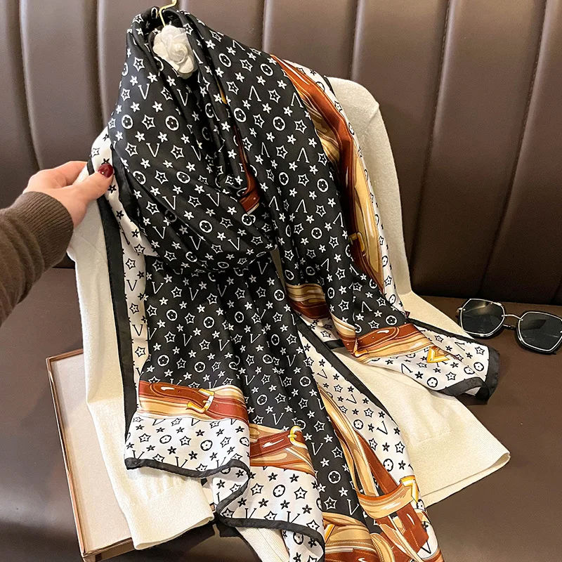 2024 Popular 180X90CM Print Bandannas  Silk Scarves Four Seasons Satin Beach Sun protection Towel Fashion Flower Long Shawls