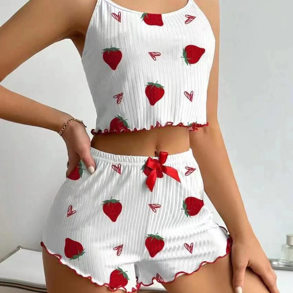 Female Girl Pajamas 2 PCS Set Strawberries Printing Soft Ribbed Fabric Ventilate Soft Trim Casual Top and Shorts Loungewear women pajamas set cotton pajamas set