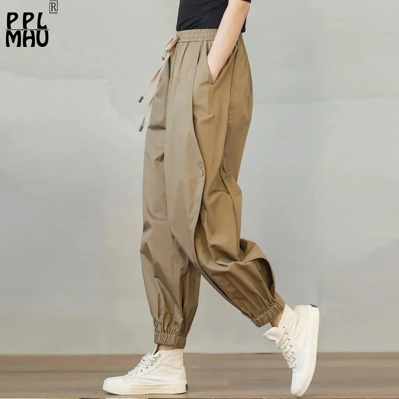 Streetwear Khaki Linen Cargo Pants Women 2022 New Casual Drawstring Harem  Baggy Pants Elastic High Waist Ankle Banded Bloomers - Pants u0026 Capris -  AliExpress