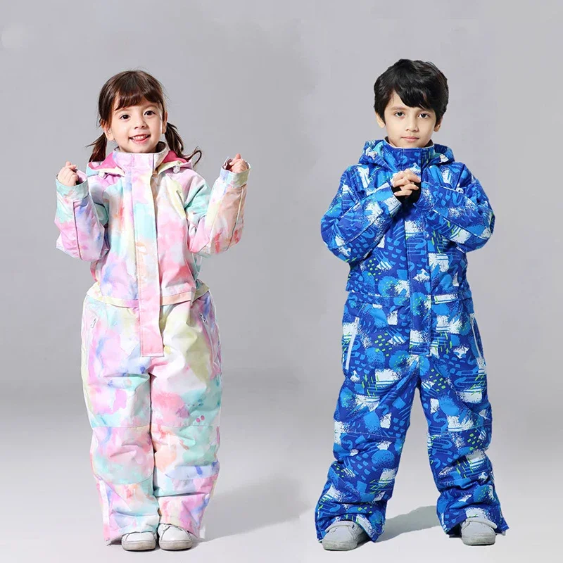 2024 New Boy Girls One Piece Ski Suit Waterproof Children Winter Warm Snowsuit Jumpsuit Snowmobile Insulated Tracksuit Clothes