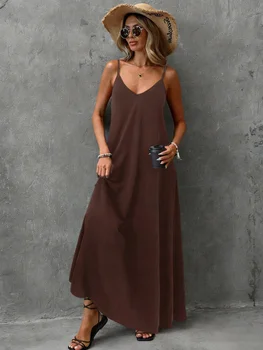 2026 casual and elegant solid color suspender V-neck sleeveless loose and comfortable backless dress long skirt 1