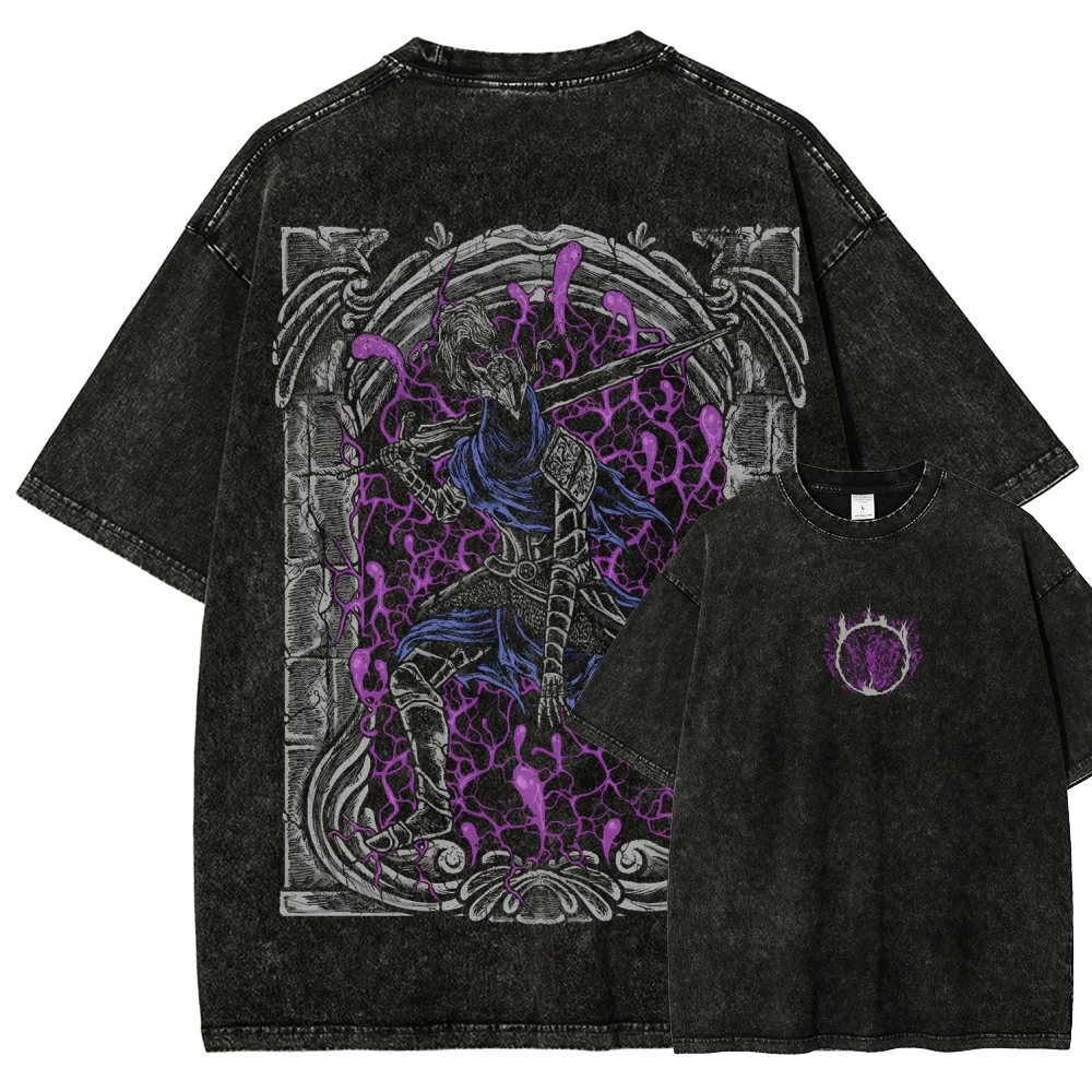 Classic Action Role-playing Game Dark Souls Graphic Print T-Shirt Men Women Retro Washed Cotton Loose Oversized Top Summer Tee 4