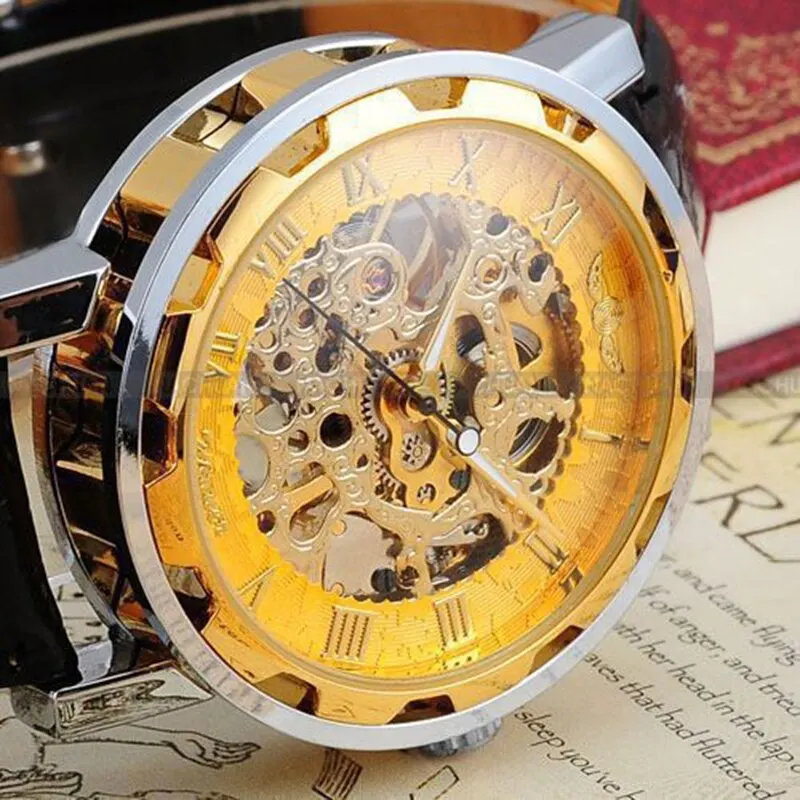 Mechanical Watch Men Stainless Steel Skeleton Luxury Fashion With Black Leather Strap 1pc For Business