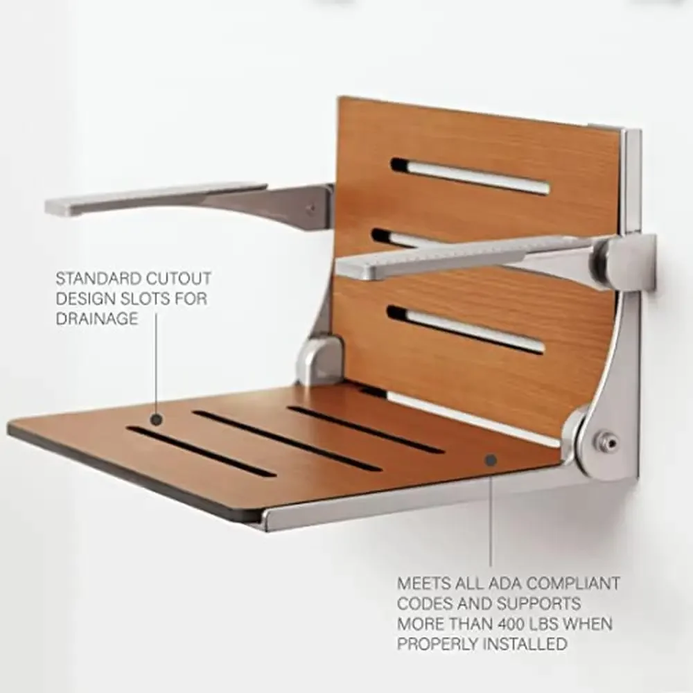 Folding Shower Bench Seat Teak Silver Frame Arms 400lb Capacity ADA Compliant Created USA 3