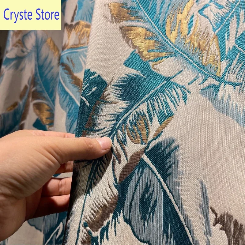 

New Big Leaf Light Luxury High Shading Curtain Foreign Trade Nordic Retro American Gold Thread Jacquard Teal Banana Leaf Curtain