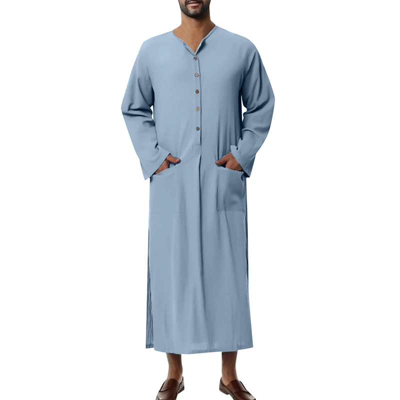

Men Robe Jubba Thobe Long Sleeve Kaftan Button Closure Solid Color Slit Lightweight Thobe Arabic Clothes