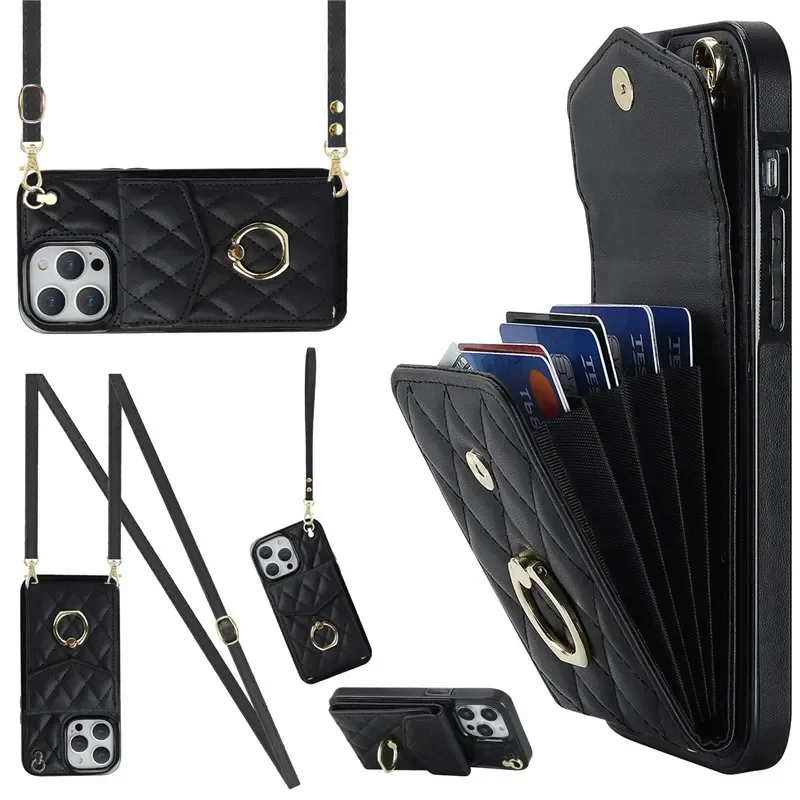 Luxurious Crossbody Lanyard Leather Wallet Phone Case with Cardholder and Flip Cover